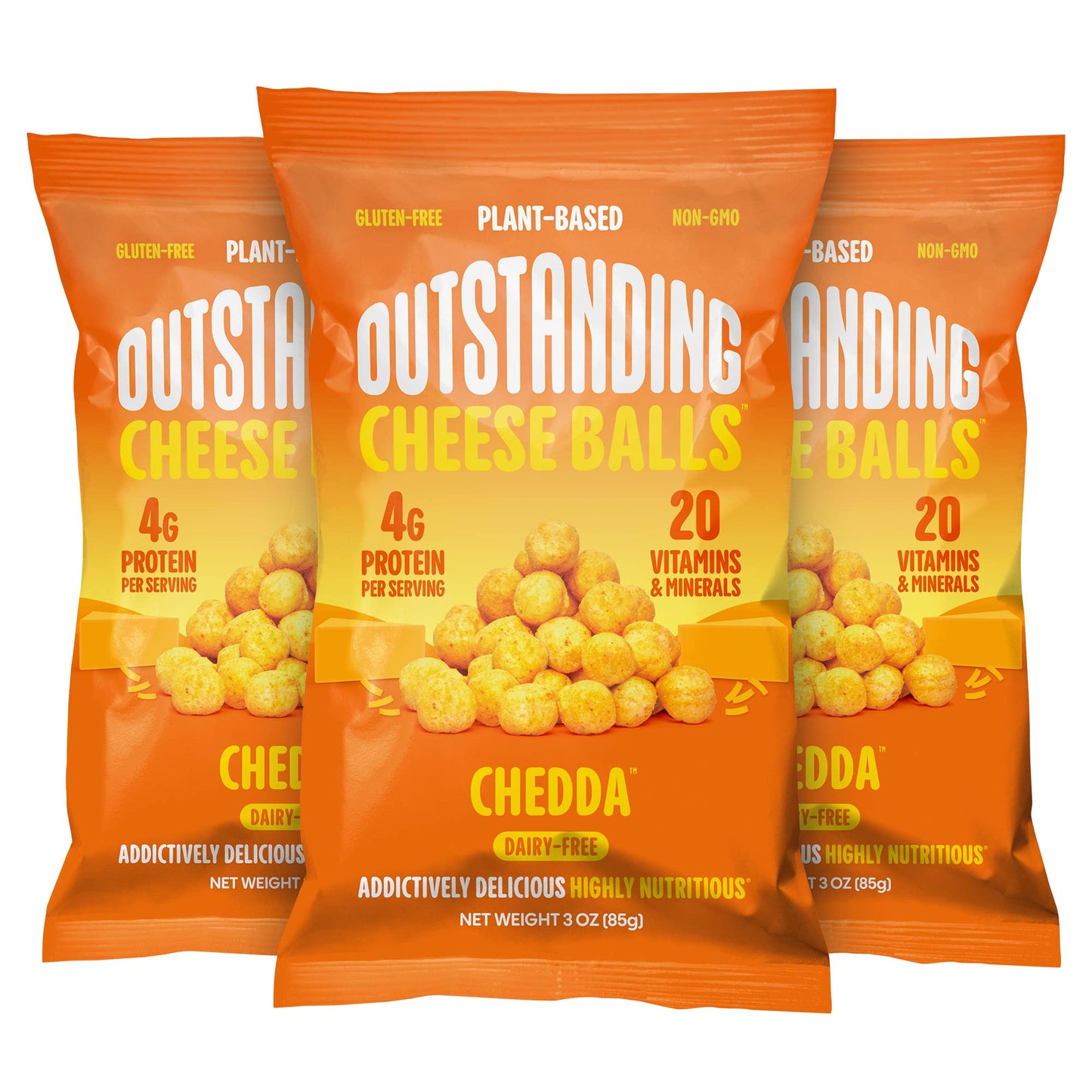 Outstanding Cheese Balls, Chedda, 3 oz (Pack of 3) - Dairy-Free, Non-GMO, 4g Protein, Plant Based, Gluten Free, Vegan, 20 Essent