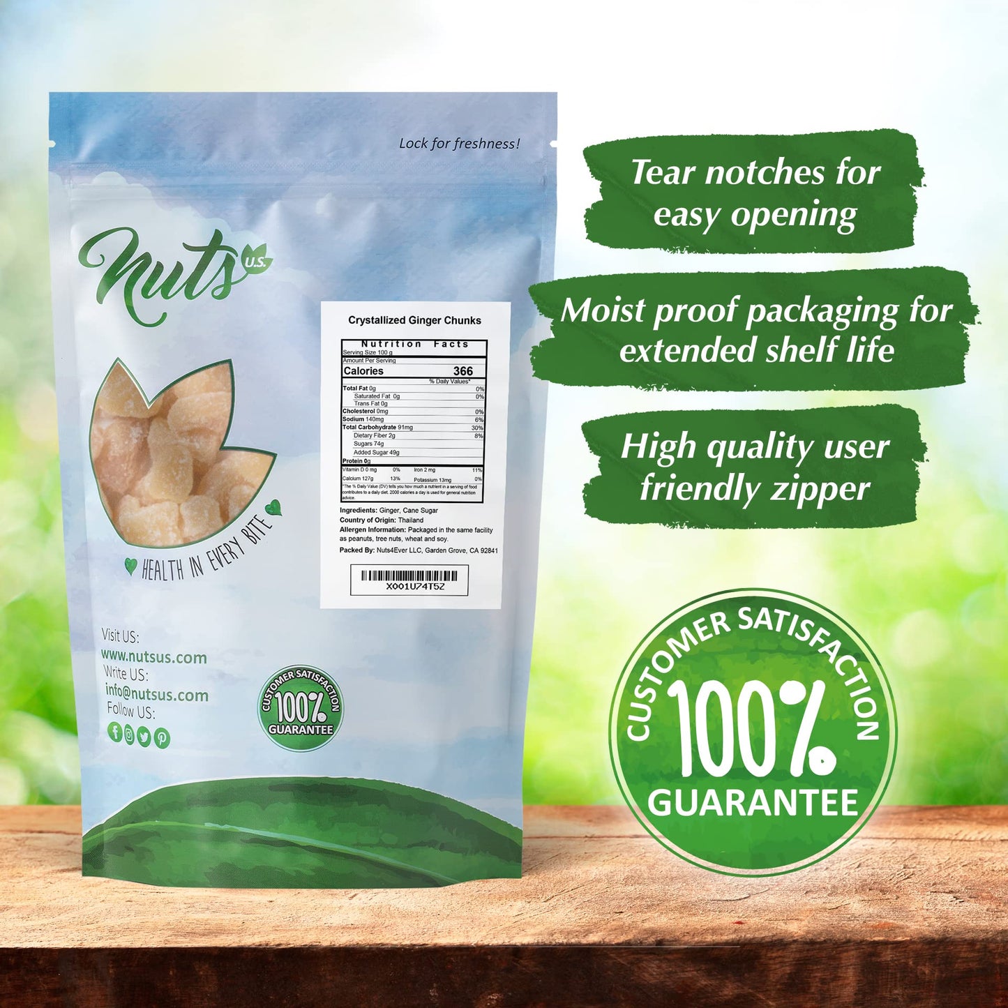 NUTS U.S. Unsulphured Crystallized Ginger Chunks, 2 lbs, No Artificial Colors, Dried Ginger in Resealable Bag