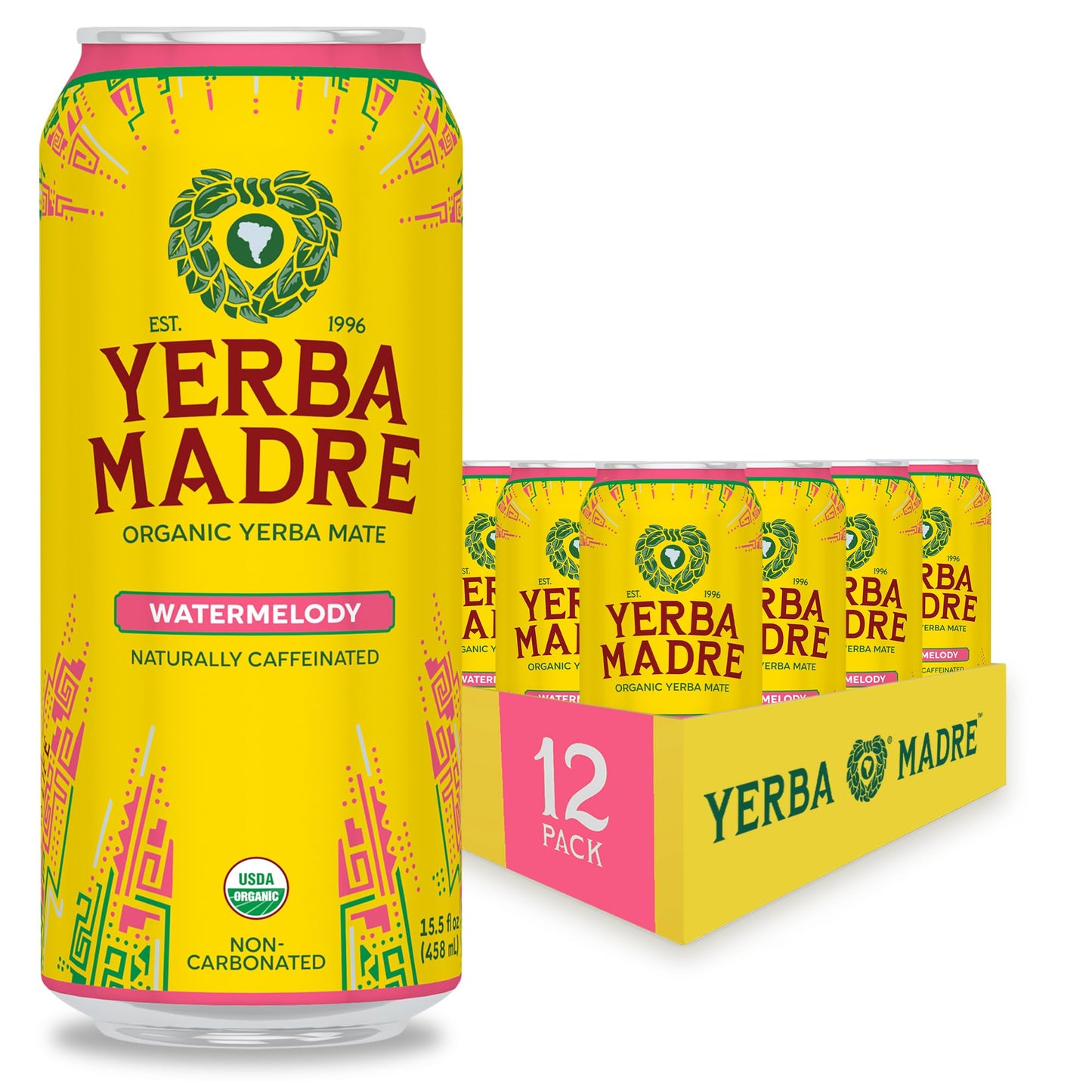 Yerba Madre Organic Yerba Mate, Energy Drink Alternative, Watermelody, 150Mg Plant Based Caffeine, Smooth Energy & Focus, No Jitters Or Crash, 15.5 Oz Cans (Pack Of 12)