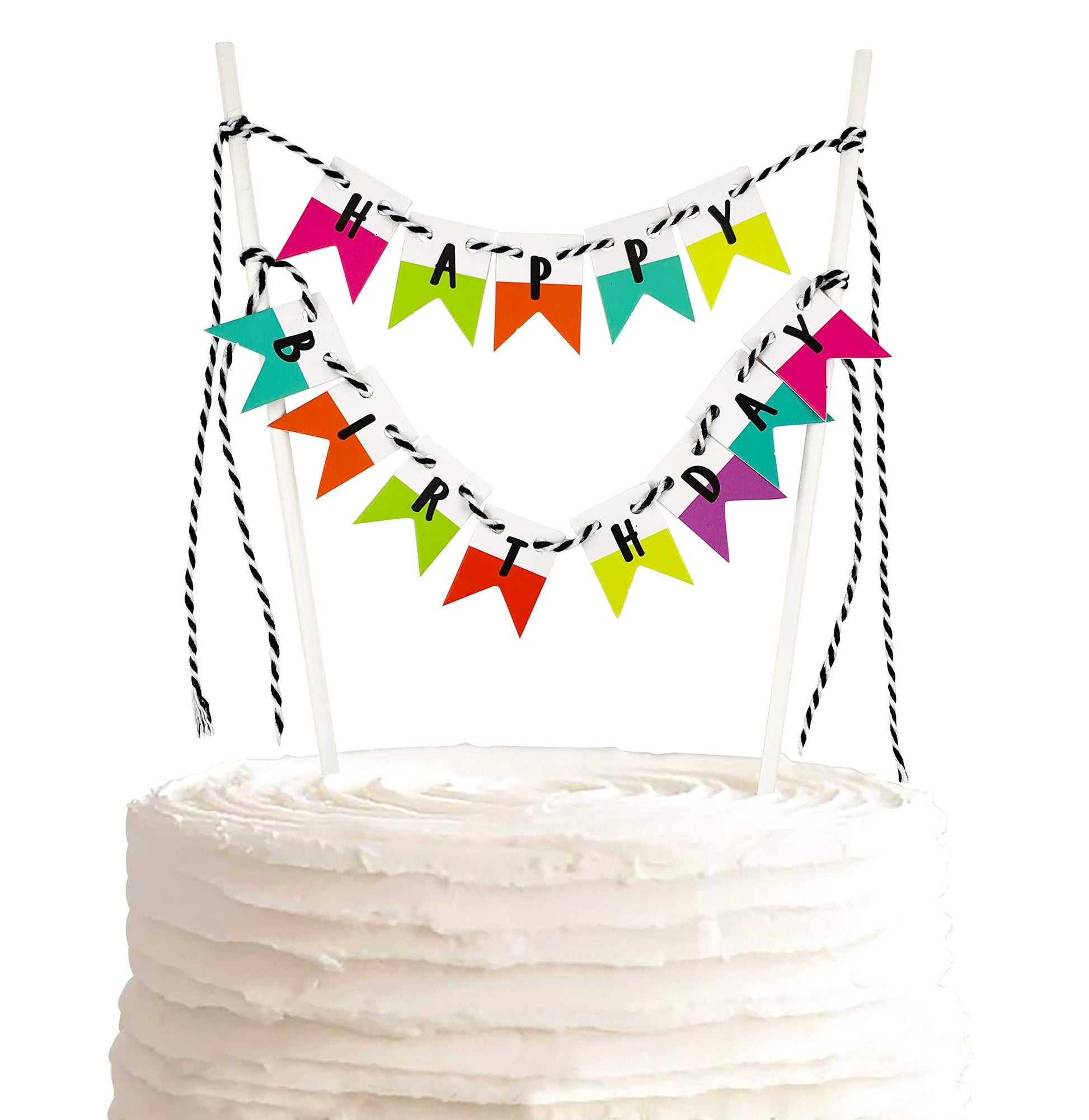 TECCA Happy Birthday Cake Topper Neon Bunting Banner with Double-Sided Two-Toned Bright Neon Colors. Handmade and Food-Grade Saf