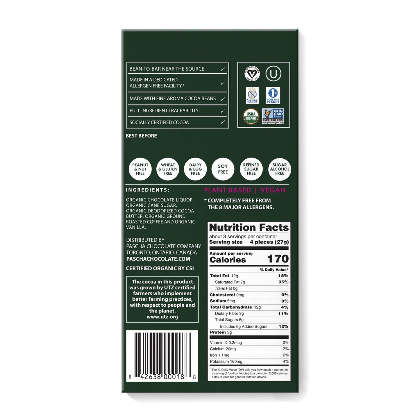 Pascha Organic Dark Chocolate Bars 70% Cacao With Arabica Coffee, Utz, Gluten Free & Non Gmo, 2.8 Oz, Pack Of 10