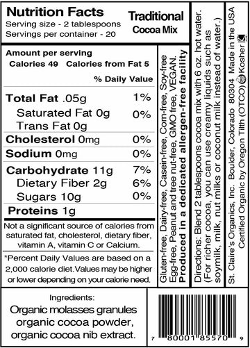 St. Claire'S Organic Gourmet Hot Cocoa, (Traditional, 12 Ounce Bag, 20 Servings) | Allergen-Free, Vegan, Gmo-Free, Gluten-Free |