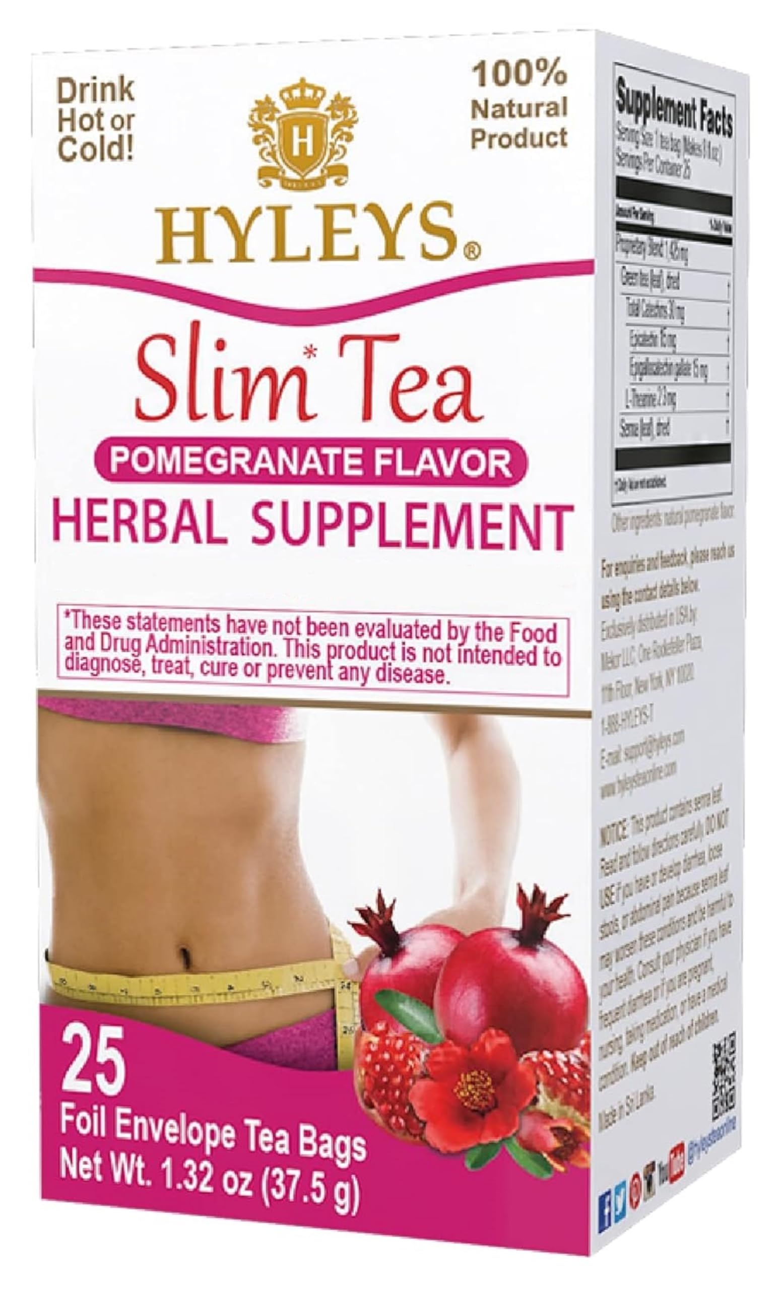 Hyleys Slim Tea Pomegranate Flavor - Weight Loss Herbal Dietary Support Cleanse And Detox - 25 Tea Bags (12 Pack)