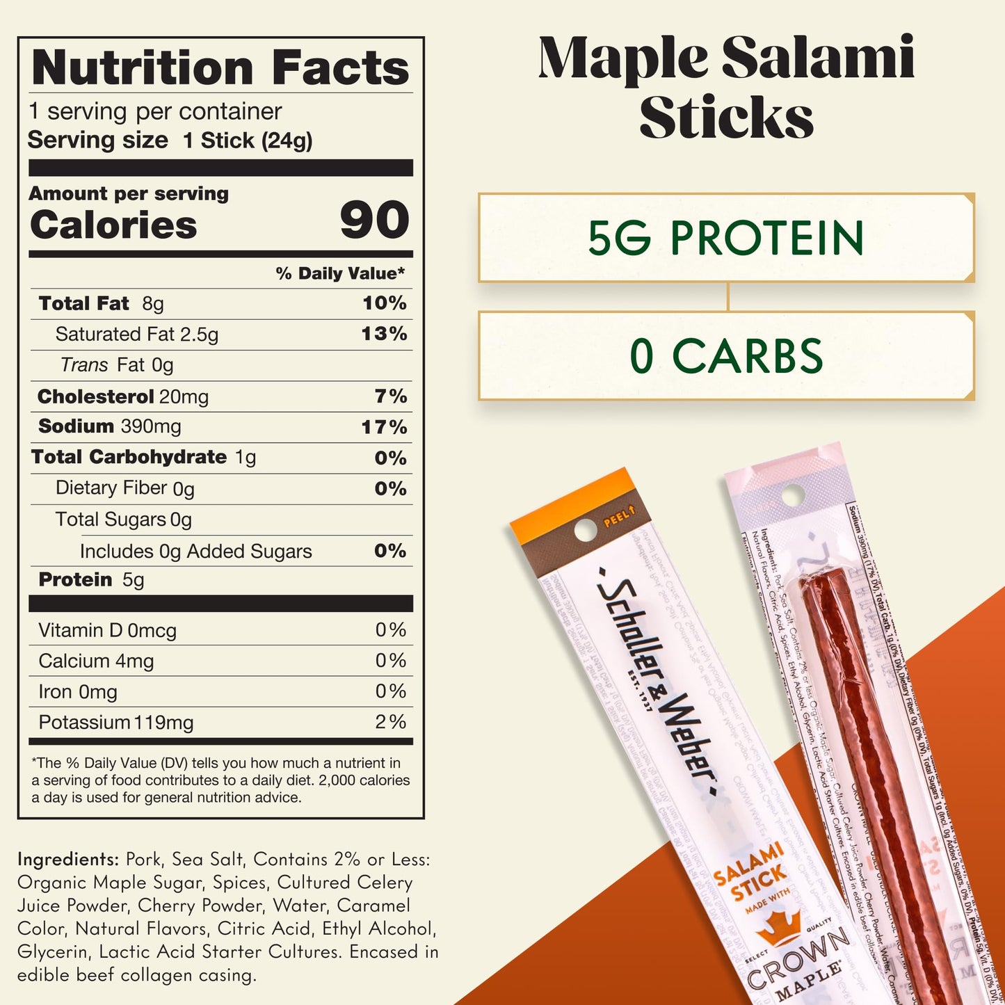 Schaller & Weber Crown Maple Salami Sticks, Smoked Sausage Snack, 0.85 Oz (Pack of 20), Gluten Free