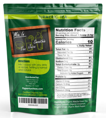 Opportuniteas Organic Turmeric Tea Powder - Matcha Green Tea, Turmeric, Cinnamon, Ginger, Black Pepper - Natural Joint Support -