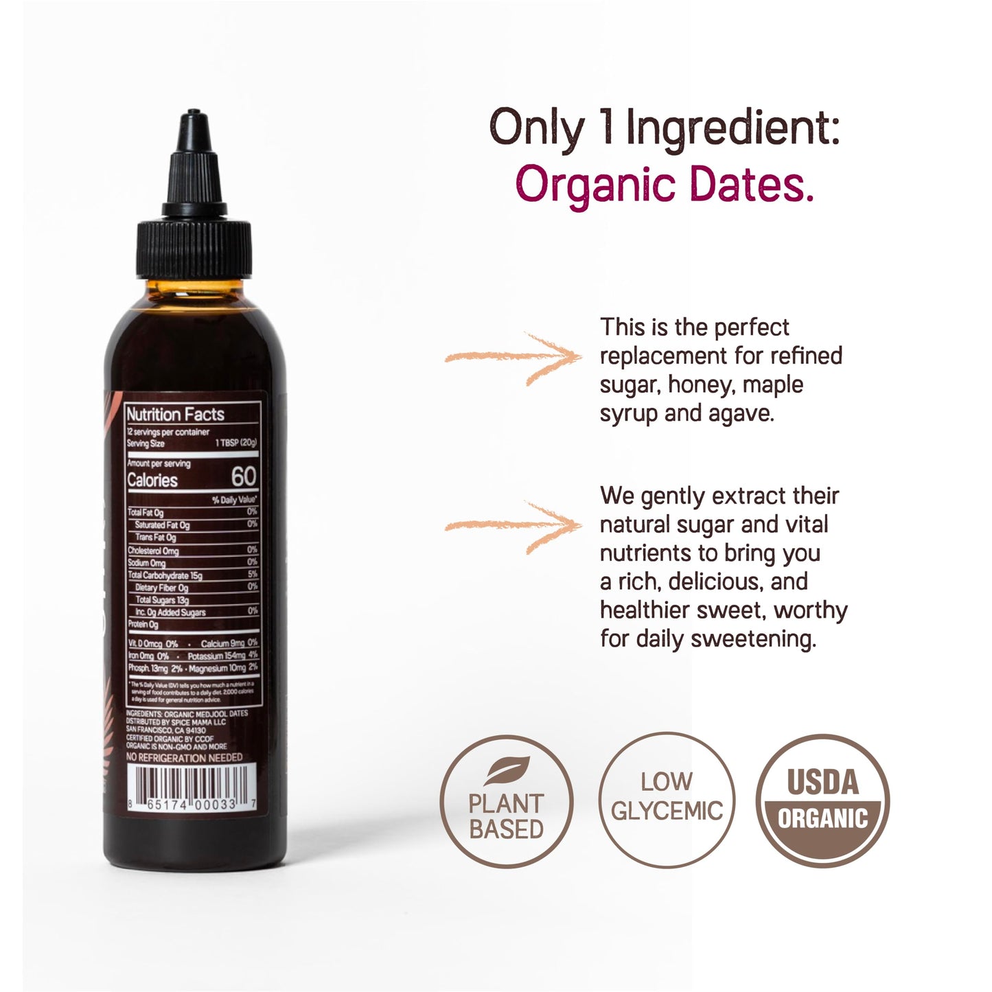 Just Date Syrup : Organic Date Sweetener | One 8.8 OZ Squeeze Bottle I Low-Glycemic, Vegan, Paleo | 1 Ingredient : 100% Organic