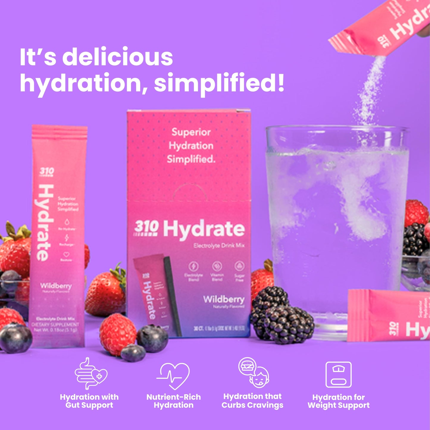 310 Hydrate Wildberry Electrolytes Powder Packets - No Sugar Hydration Packets With Key Vitamins & Minerals - Keto Friendly - Ta