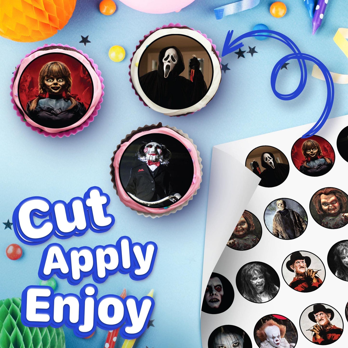 30 X Edible Cupcake Toppers Themed Of Scary Horror Films Collection Of Edible Cake Decorations | Uncut Edible On Wafer Sheet
