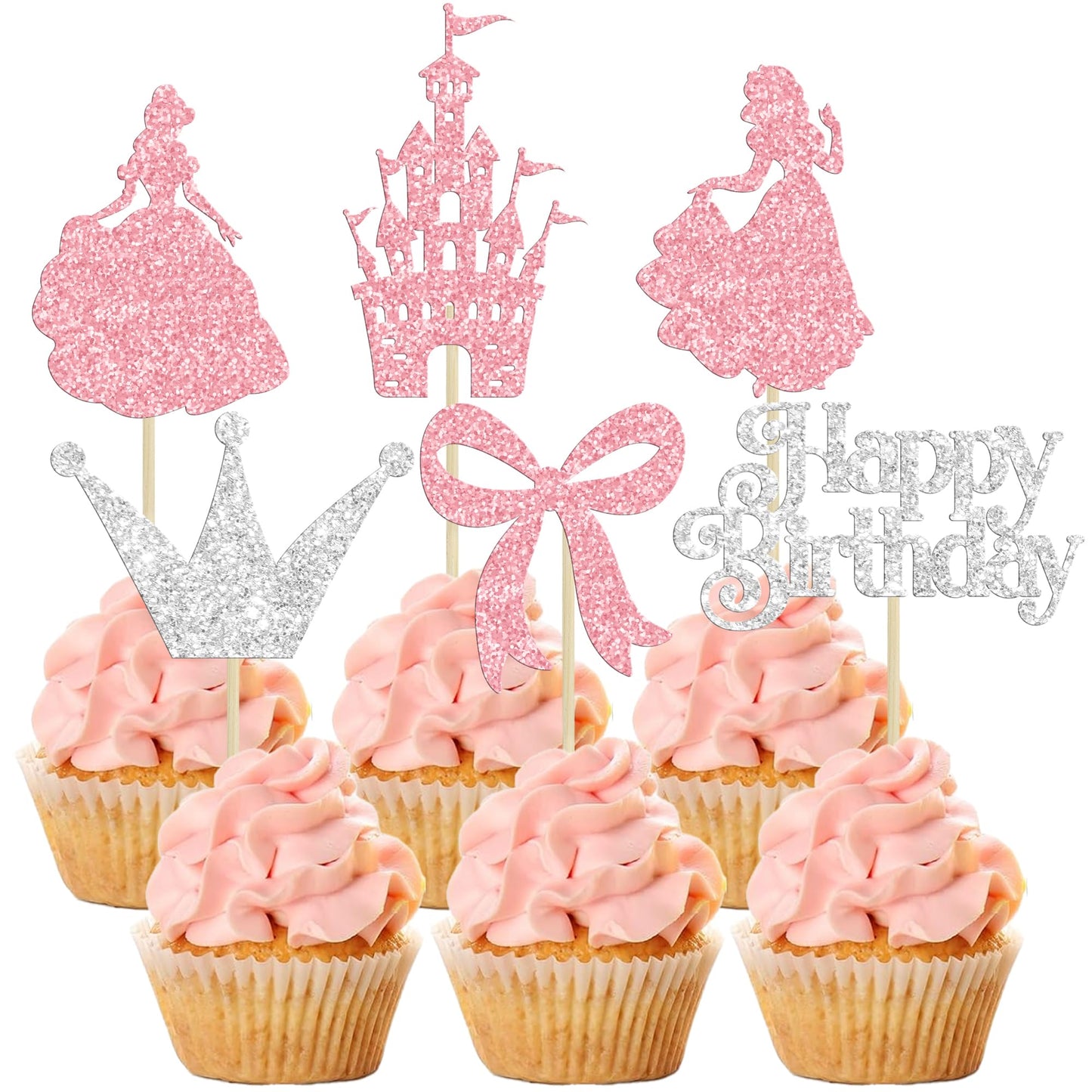 Gyufise Cupcake Toppers, 24Pcs Glitter Castle Bowknot, Paper Decorations for Birthday, Baby Shower, 2.4x3.9, Pink Silver