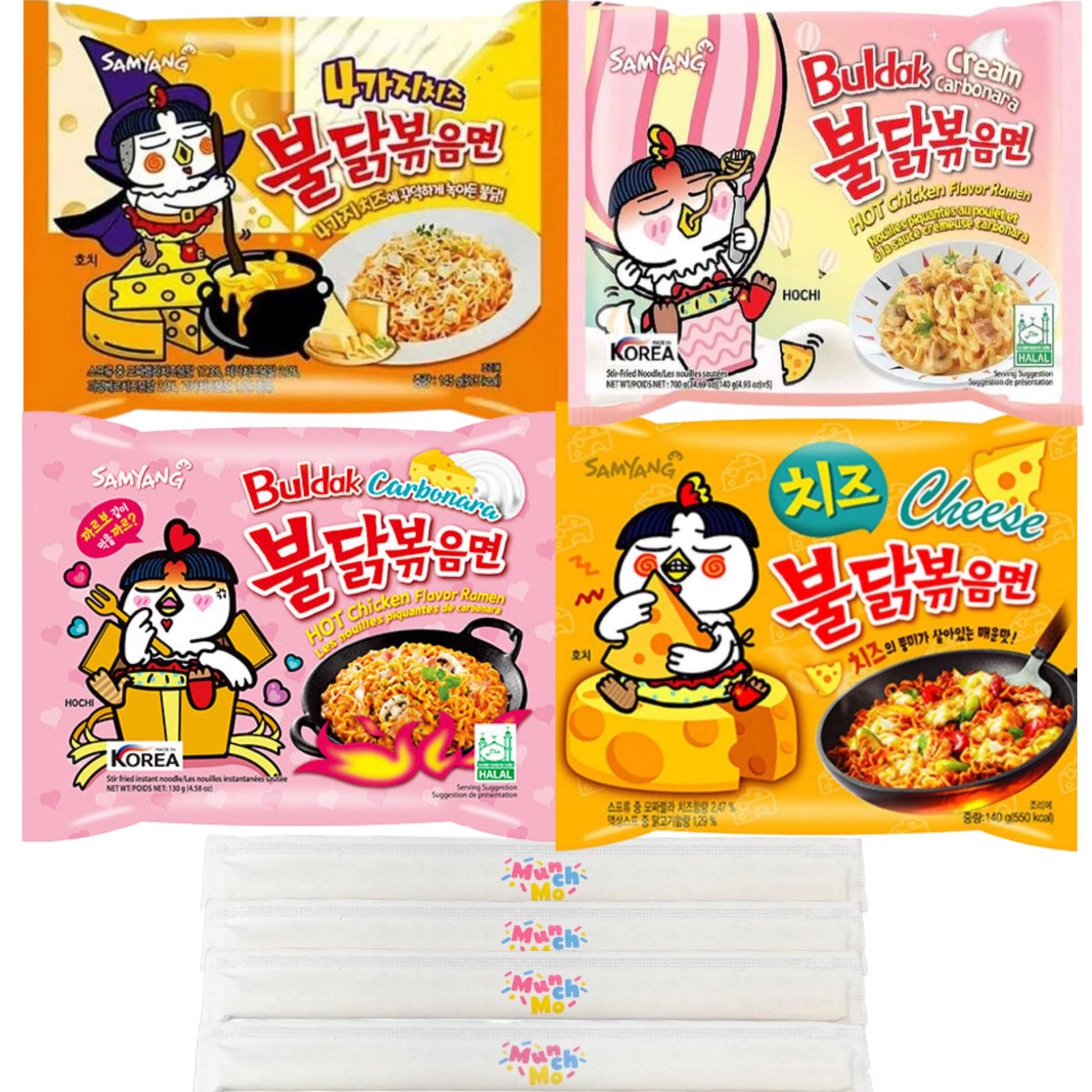 Munchmo Buldak Ramen Variety 4 Packs - 4 Flavor Cheesy Variety Pack - Hot Spicy Chicken Carbonara, Cream Carbonara, Quattro Chee