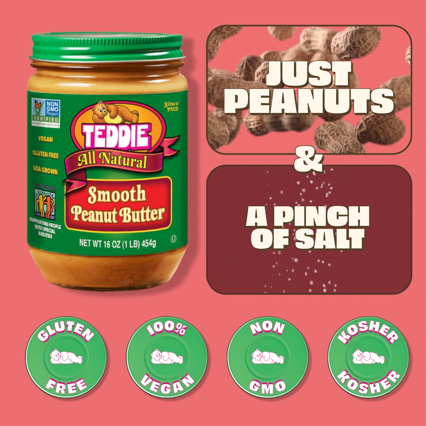Teddie All Natural Peanut Butter, Smooth, Gluten Free & Vegan, 16 Ounce Glass (Smooth, Pack of 1)