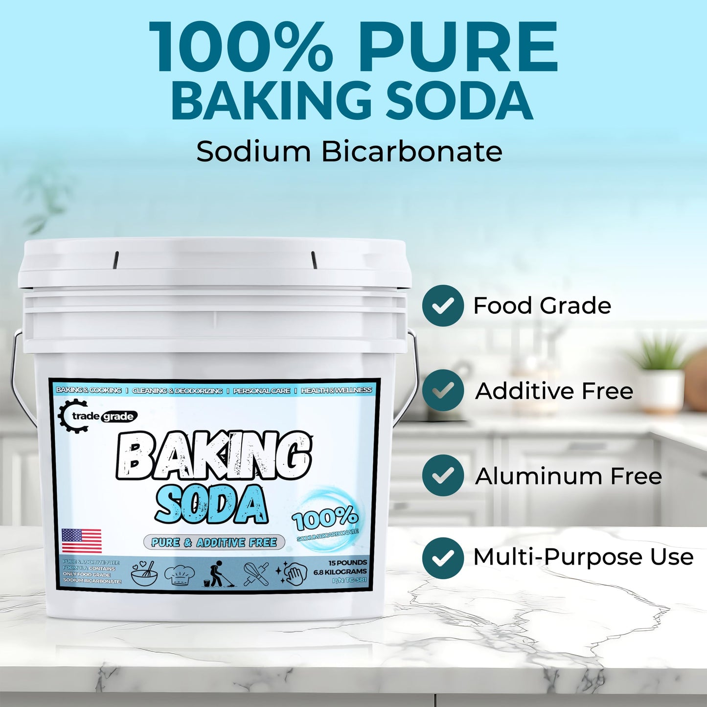 TradeGrade Pure Baking Soda Powder - 15 lb Bucket  Sodium Bicarbonate Powder | enhanced Food-Grade for Baking  Bread  Cookies & More | Baking Soda for Cleaning  Natural Cleaner & Deodorizer