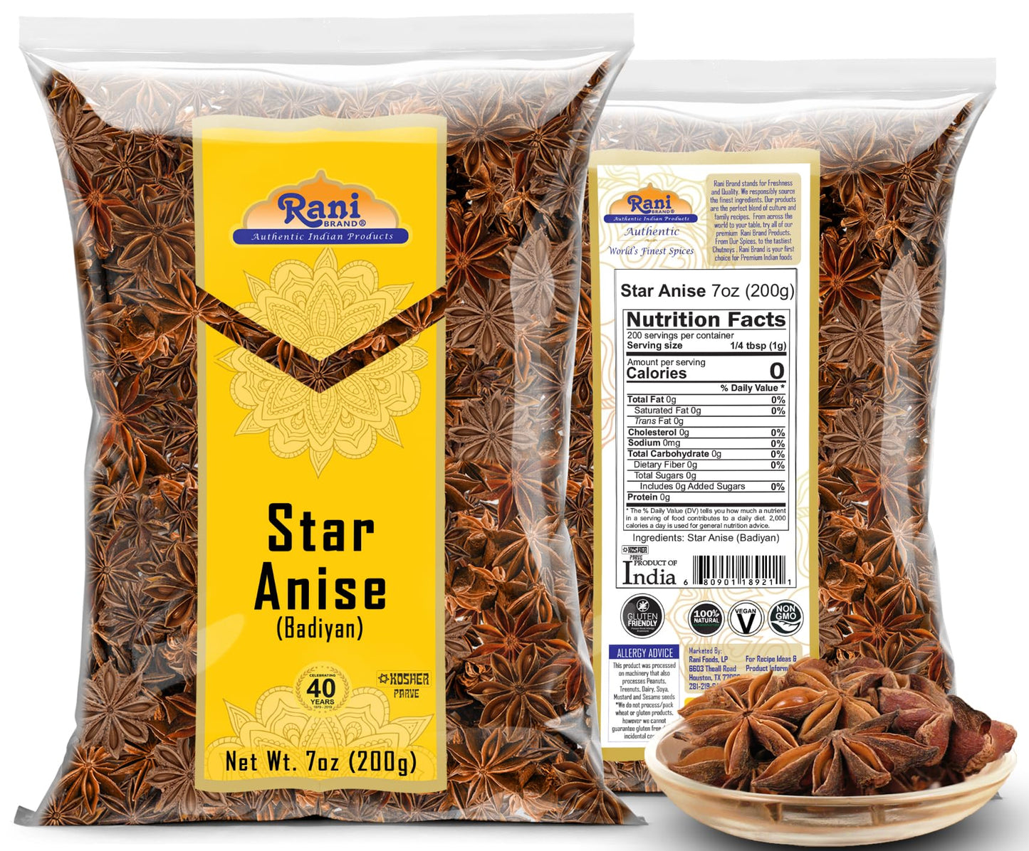 Rani Star Anise Seeds, Whole Pods (Badian Khatai) Spice 7Oz (200G) ~ All Natural | Gluten Friendly | Non-Gmo | Kosher | Vegan |
