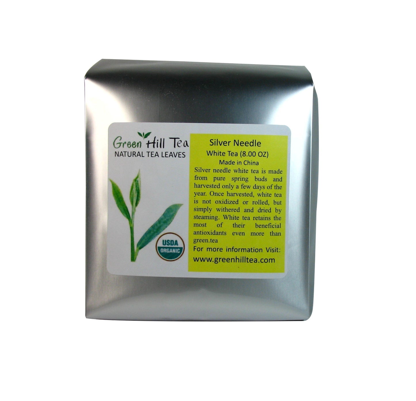 GreenHillTea Organic Silver Needle White Tea - Savoury Aroma - 8 OZ