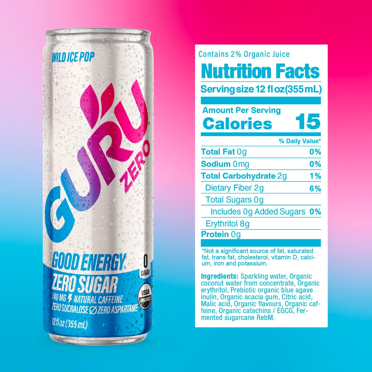 GURU Zero Sugar Organic Energy Drinks, Plant-Based Caffeine, Gluten Free, Vegan, 12 Fl Oz (Pack of 24)