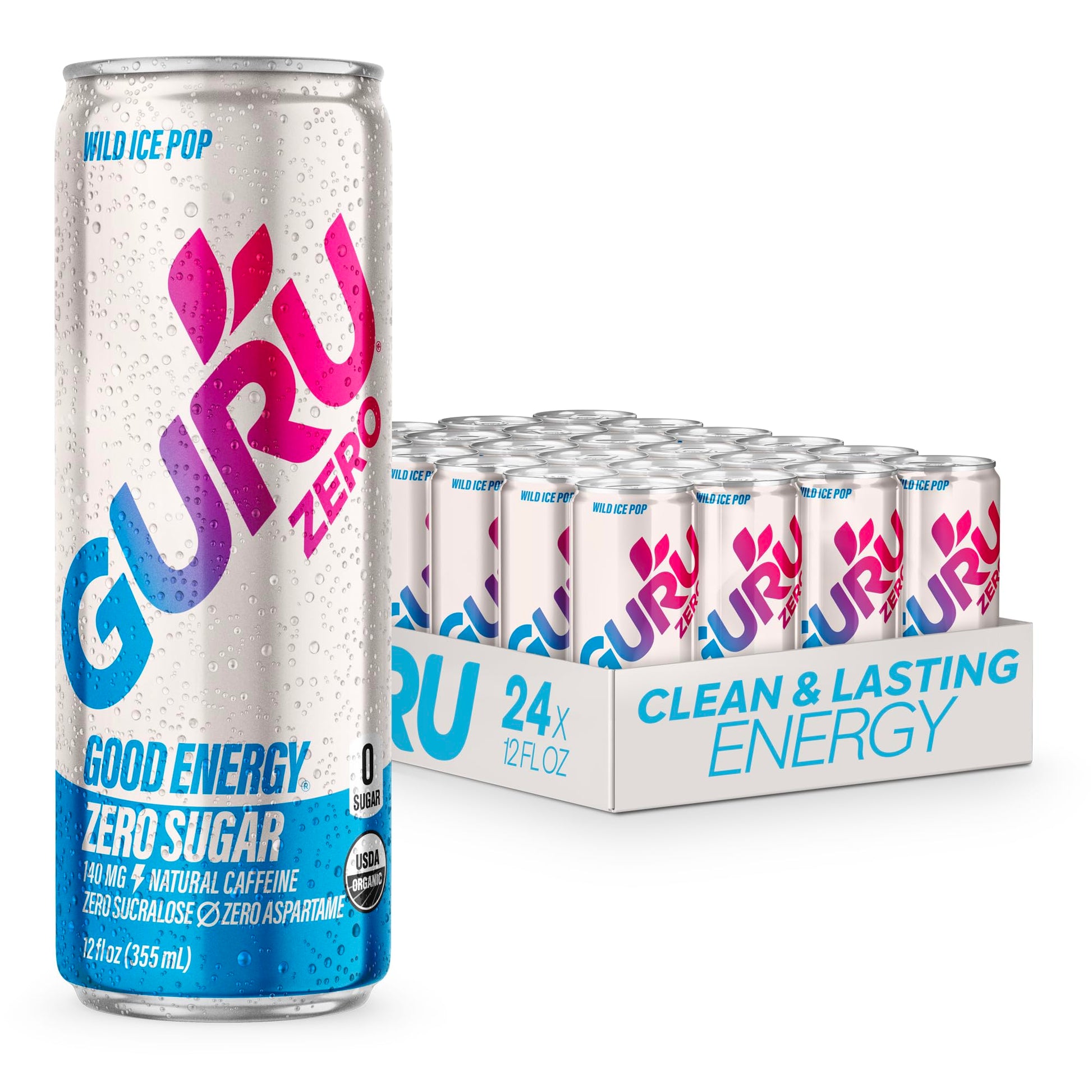 GURU Zero Sugar Organic Energy Drinks, Plant-Based Caffeine, Gluten Free, Vegan, 12 Fl Oz (Pack of 24)