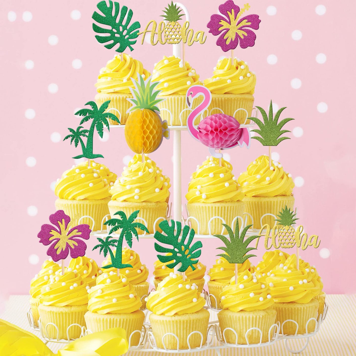 28 Pcs Tropical Cupcake Toppers Glitter Leaf Pineapple Flower Palm Tree Flamingo Cupcake Picks Aloha Cake Decorations For Summer