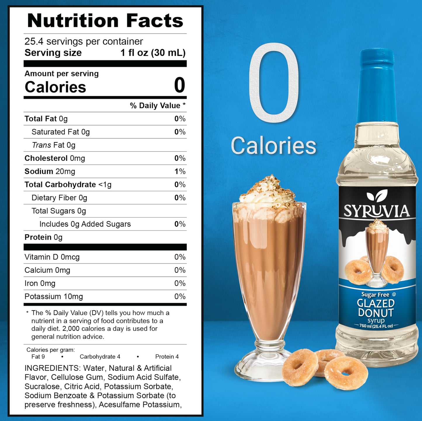 SYRUVIA Sugar-Free Glazed Donut Coffee Syrup, 25.4 Fl Oz - 0 Calories, Kosher, Gluten-Free Flavoring for Drinks, Desserts & More