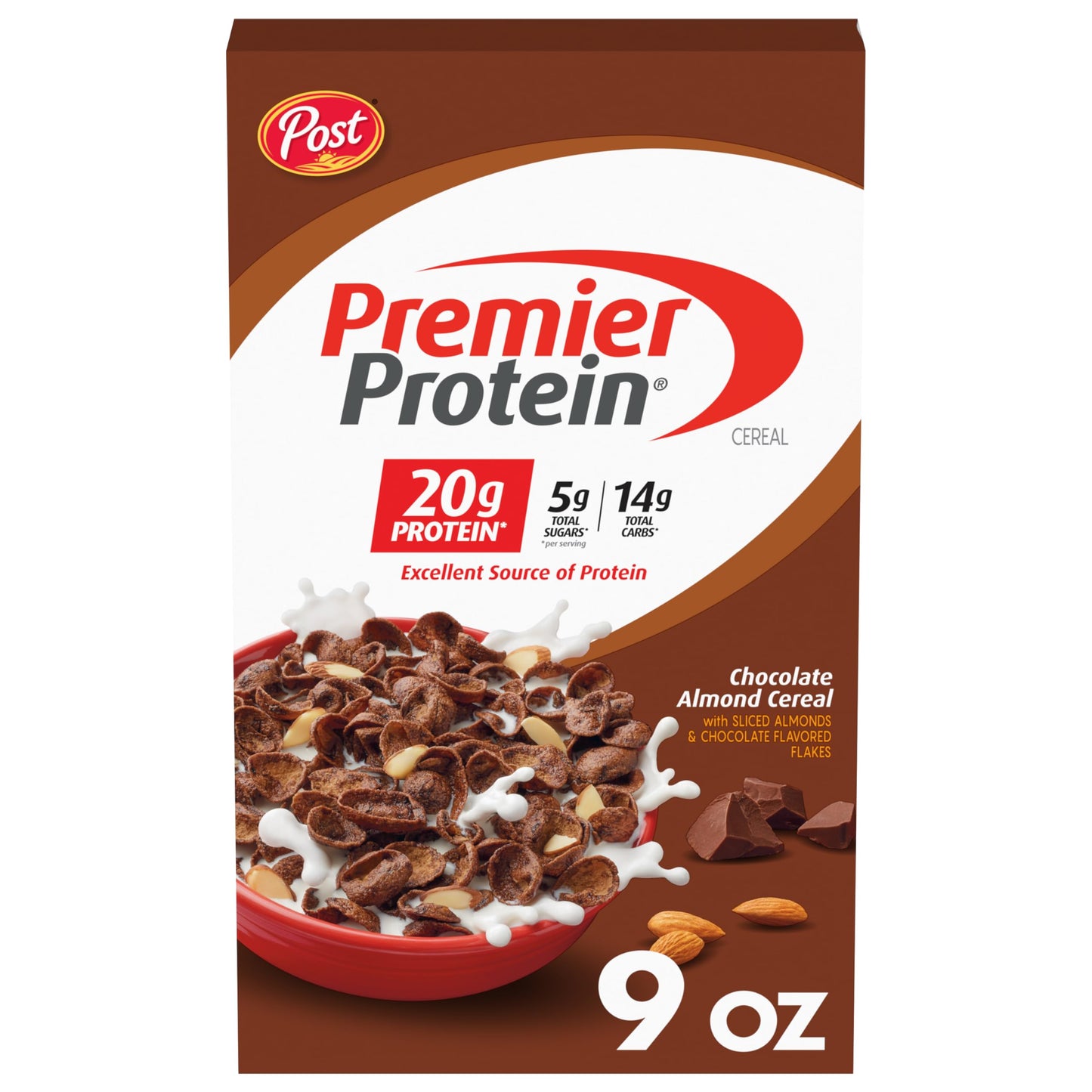 Post Premier Protein Chocolate Almond Cereal, Chocolatey Protein Cereal Flakes With Sliced Almonds, Contains 20G Of Protein Per Serving, 9 Oz Box