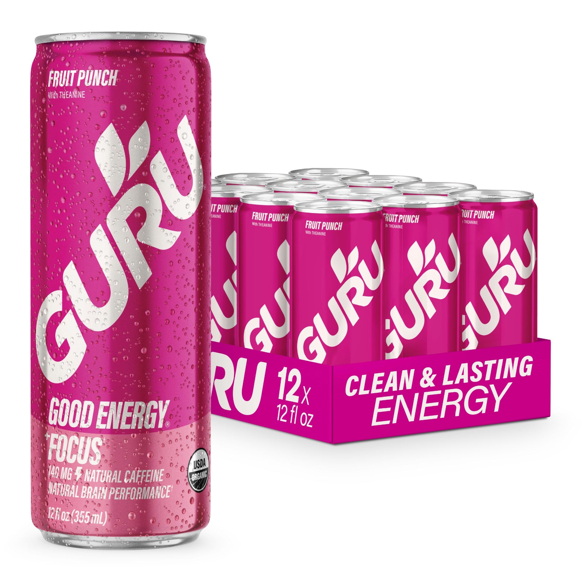 GURU Fruit Punch Organic Energy Drinks  Clean Energy Drink with Plant Based Natural Caffeine from Green Tea + Focus with L Theanine  Gluten Free and Vegan  140MG Caffeine  12oz (Pack of 12)