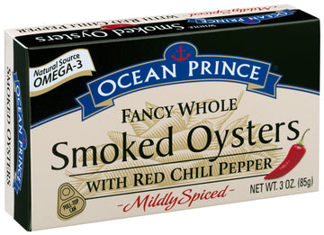 Crown Prince Smoked Oysters with Red Chili Pepper, 3 Ounce Cans, Pack of 18