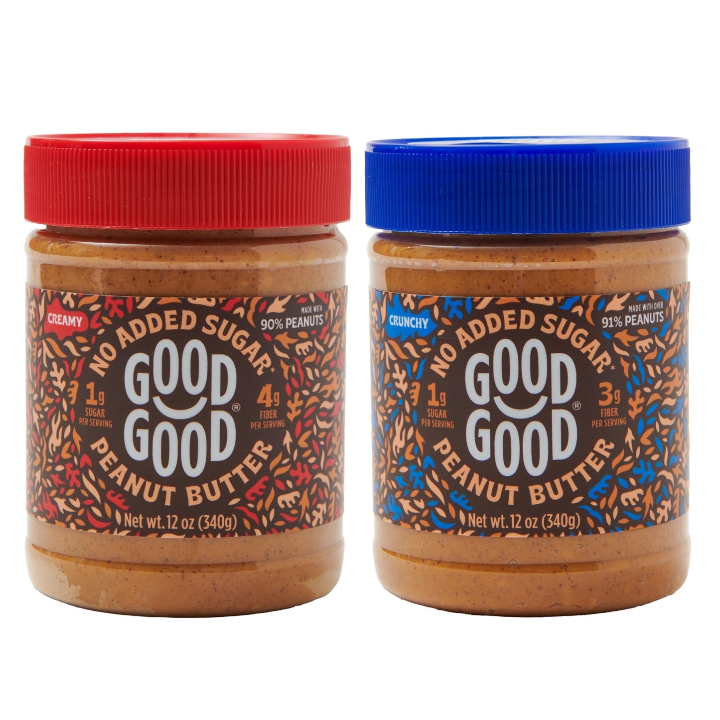 Good Good Crunchy & Creamy Peanut Butter - Keto Friendly - Low Carb & No Added Sugars - Vegan - Gluten Free - Non-GMO - 340g Jar