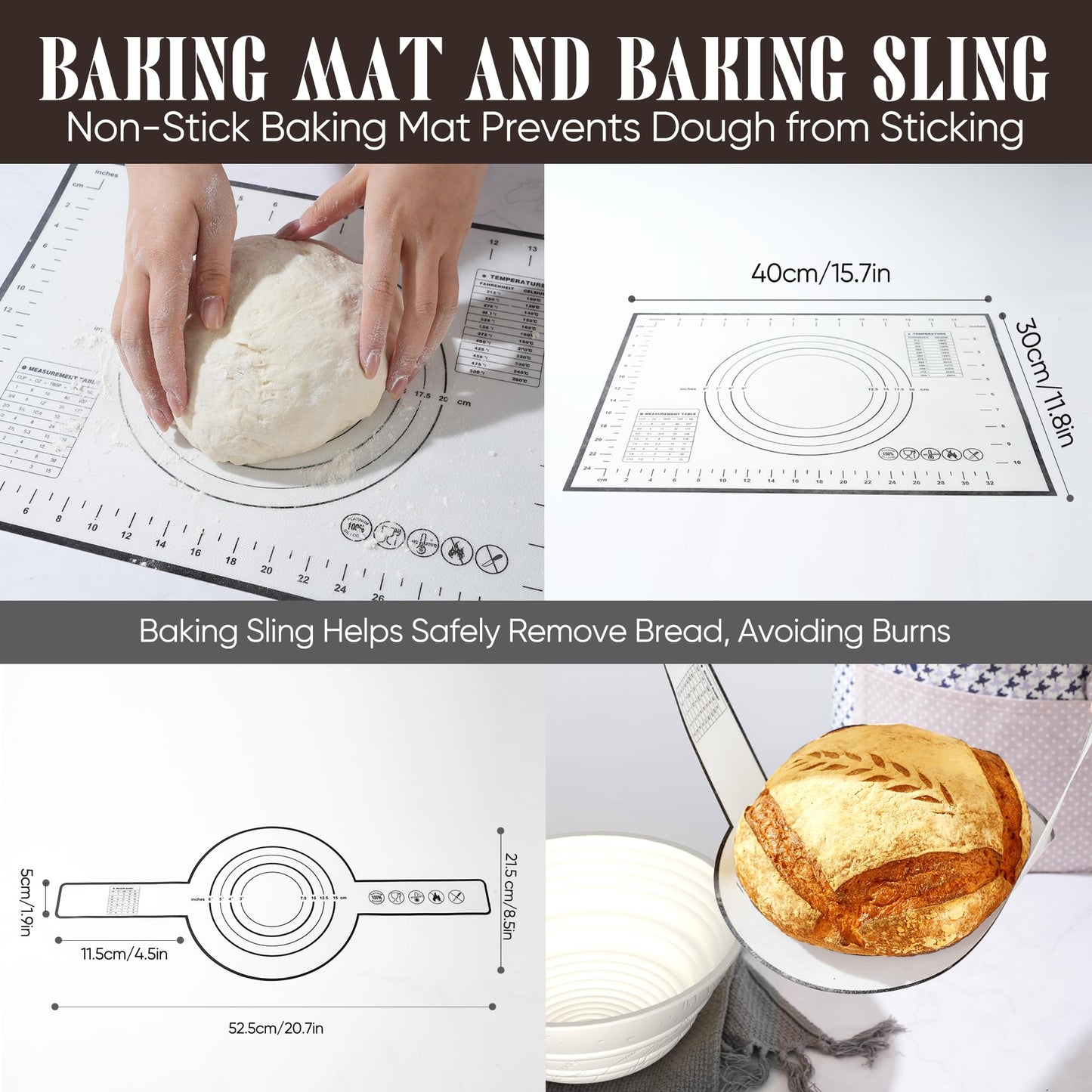 BICRET Sourdough Starter Kit – Complete Baking Supplies, 2 Silicone Proofing Baskets, Baking Mat, White, Model FJ-3-4C