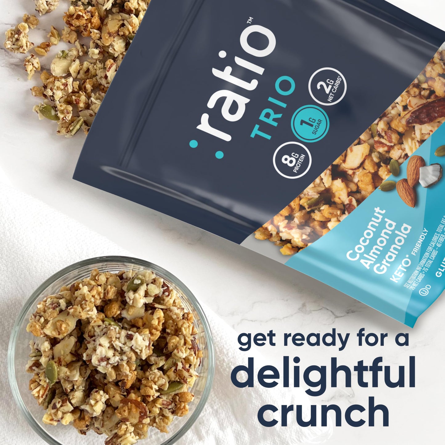 Ratio Coconut Almond Granola Cereal, 1g Sugar, Keto Friendly, 8 oz Resealable Bag