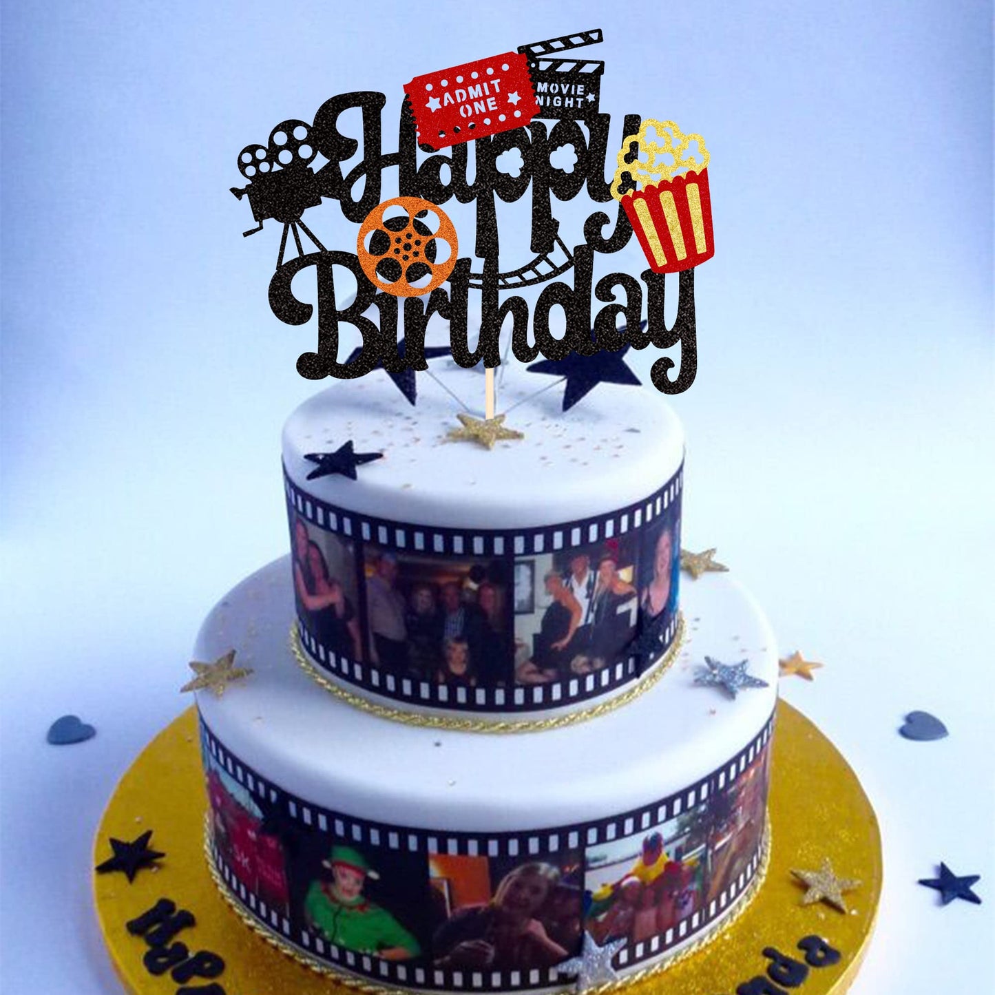 1 Pcs Movie Night Cake Topper Happy Birthday Sign Cake Pick Decorations For Theater Video Recorder Roll Camera Popcorn Hollywood