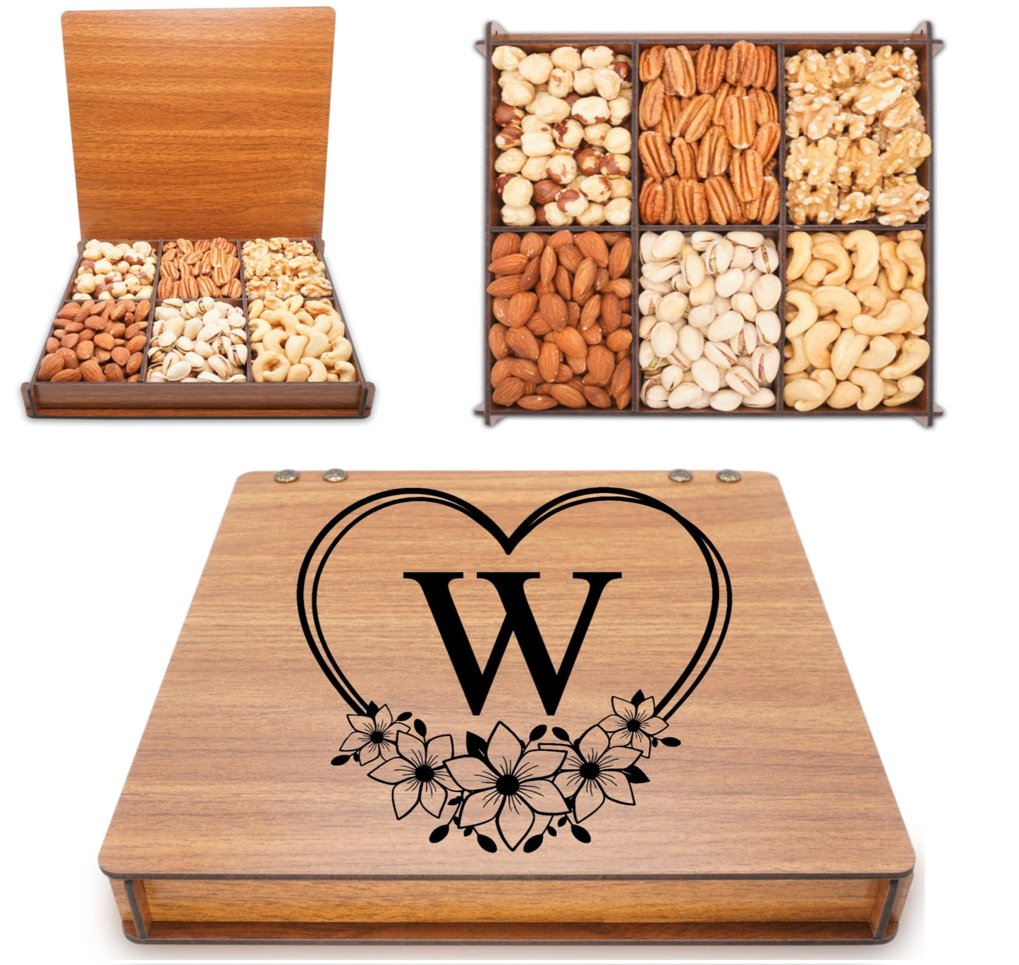 Monogrammed Gift Basket, Mixed Nuts Gift In Reusable Wooden Tray, Business Present, Gourmet Assortment Tray, Birthday Gift For M