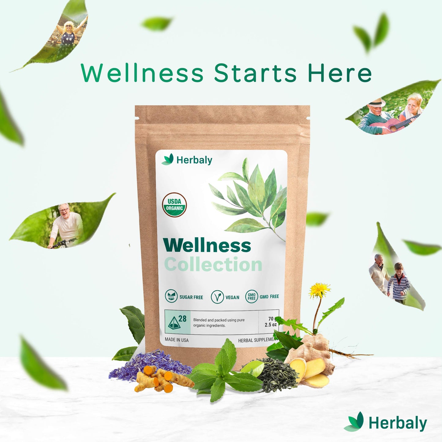 Herbaly Wellness Collection Tea - 8 Active Herbs - Improve General Health, Strengthen Immunity - Natural, Organic, Non-Gmo, Vega