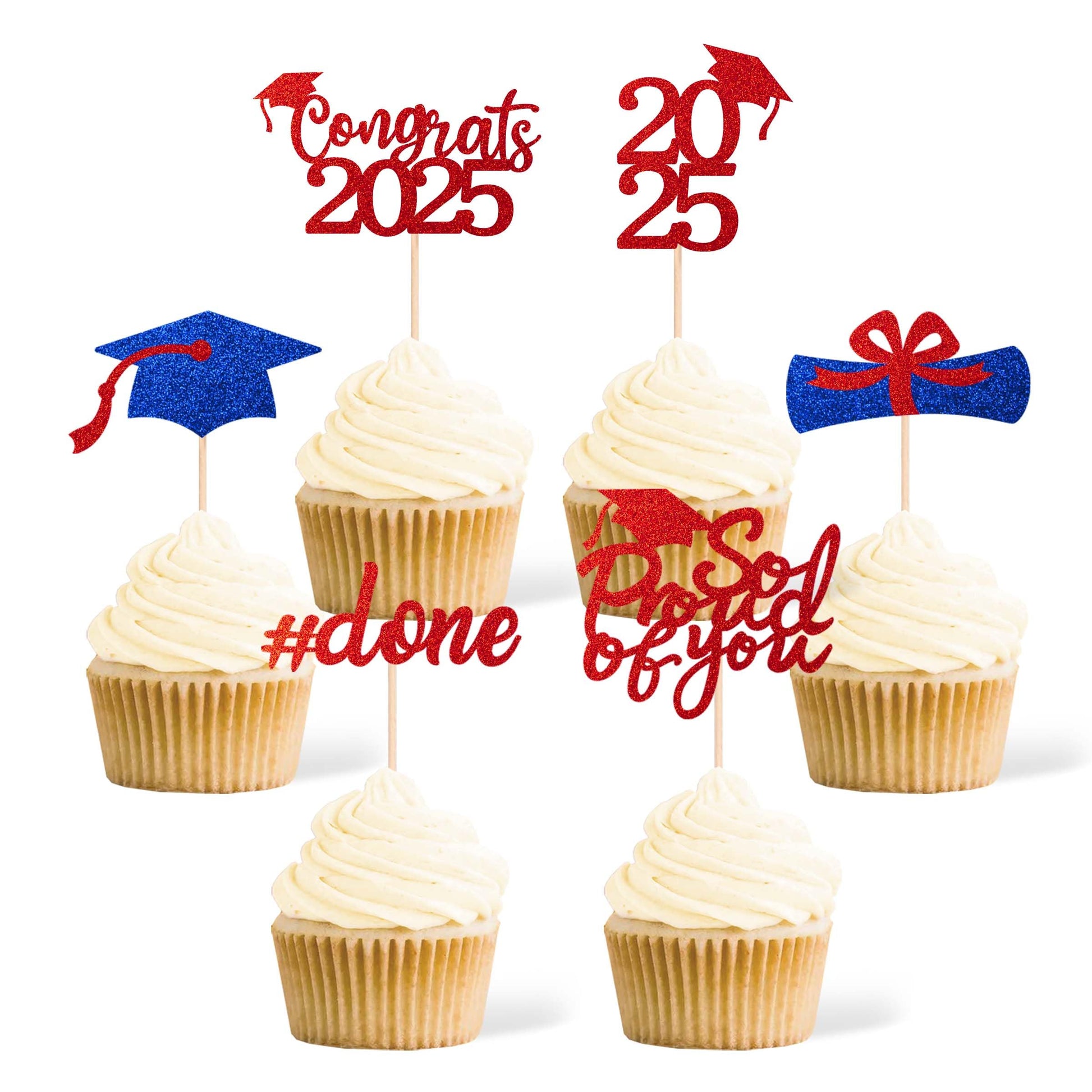 36 Pcs Class of 2025 Graduation Cupcake Toppers, Red & Blue Glitter Double-Sided Grad Cap Cake Picks for Party Supplies, 2025 Gr