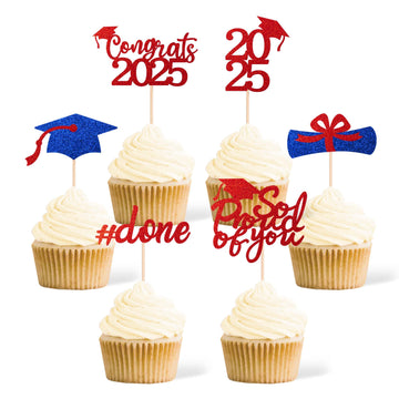 36 Pcs Class of 2025 Graduation Cupcake Toppers, Red & Blue Glitter Double-Sided Grad Cap Cake Picks for Party Supplies, 2025 Gr