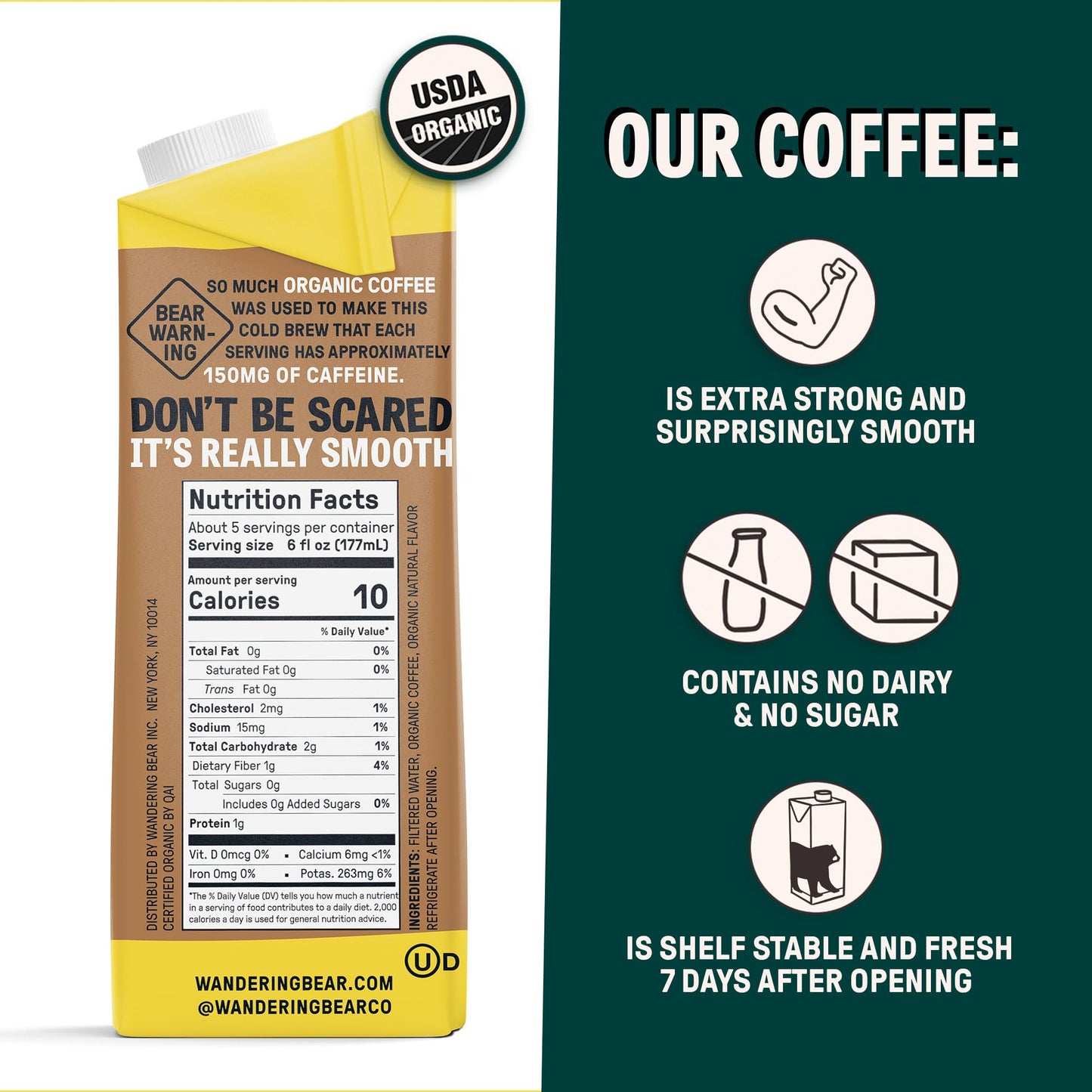 Wandering Bear Organic Caramel Cold Brew Coffee, 32 Fl Oz, 3 Pack - Extra Strong, Smooth, Unsweetened, Shelf-Stable, Ready To Dr