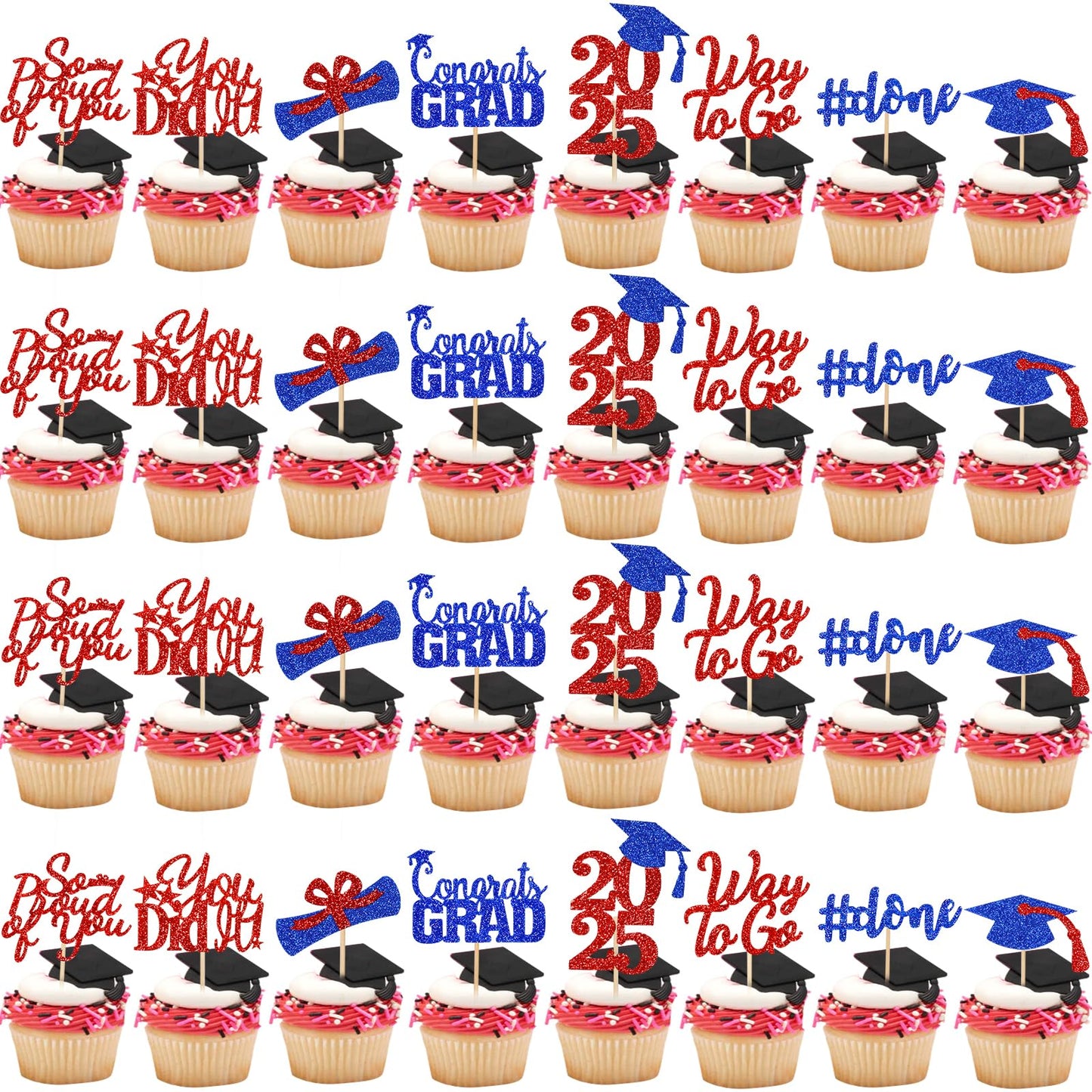 32Pcs Graduation Cupcake Toppers 2025 Red And Blue, Class Of 2025 Cupcake Toppers Graduation 2025 Food Picks For 2025 Party Cake