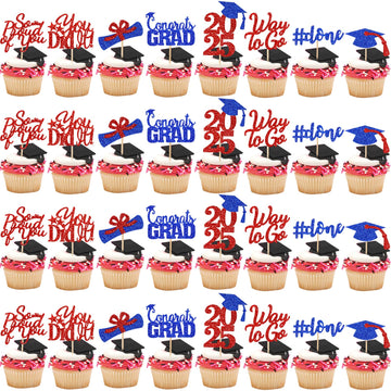 32Pcs Graduation Cupcake Toppers 2025 Red And Blue, Class Of 2025 Cupcake Toppers Graduation 2025 Food Picks For 2025 Party Cake