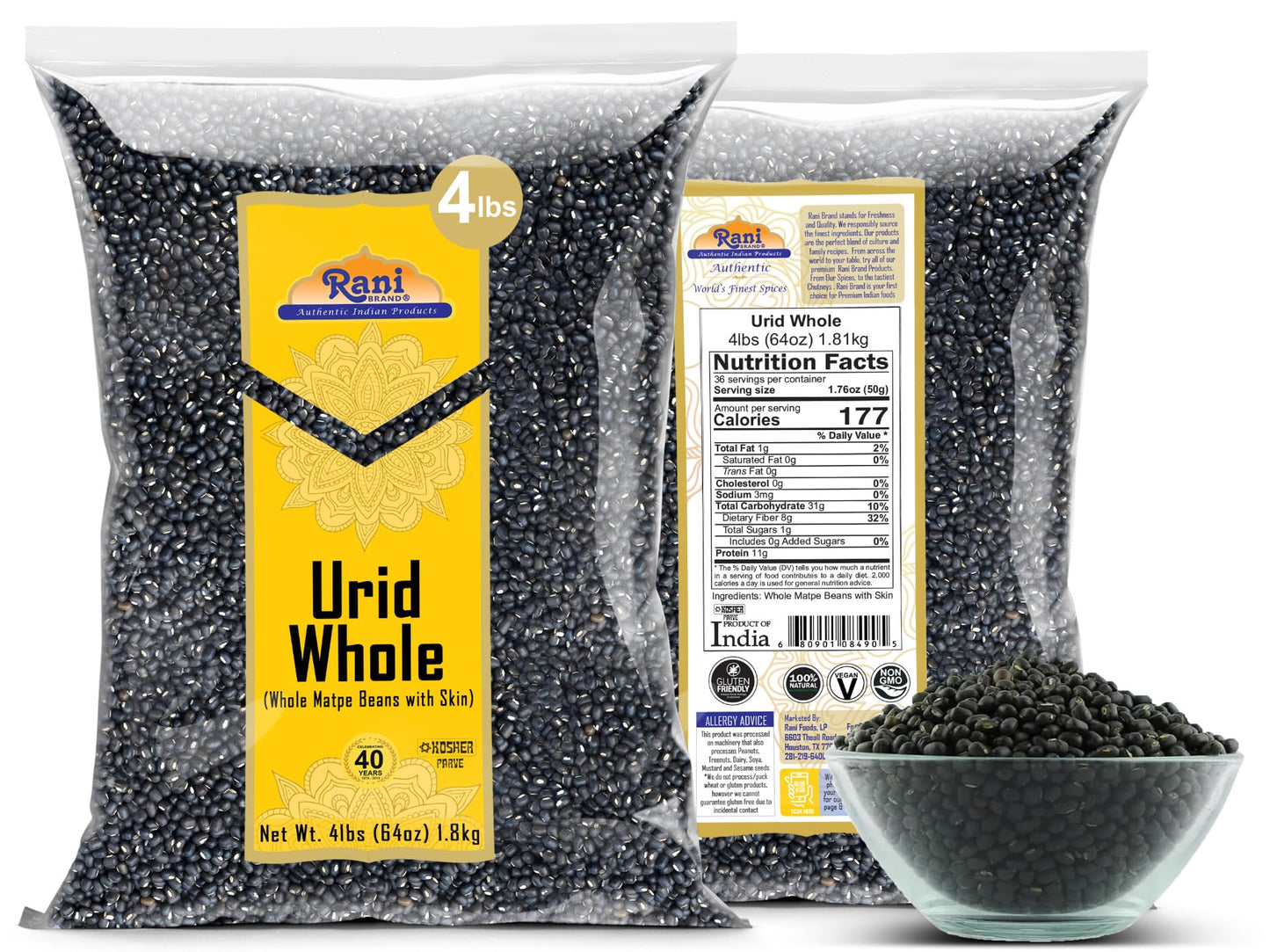 Rani Urid/Urad Whole Black (Matpe Beans With Skin) Indian Lentils 64Oz (4Lbs) 1.81Kg Bulk~ All Natural | Gluten Friendly | Non-Gmo | Kosher | Vegan | Indian Origin