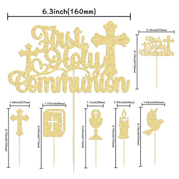 Gyufise 25Pcs First Holy Communion Cupcake Toppers Gold Glitter First Communion Cake Topper God Bless Dove Cross Cupcake Picks G