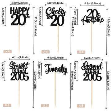 24Pcs Black Happy 20Th Birthday Cupcake Toppers Twenty Straight Outta 2005 Cupcake Picks Cheers To 20 Lengend Since 2005 Cake De