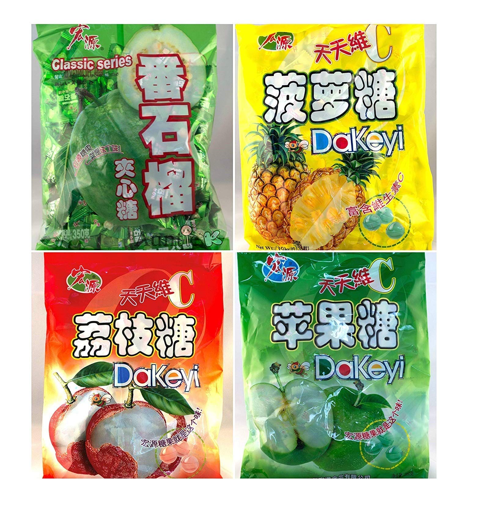 Hong Yuan Classic Series Pineapple Guava Green Apple Lychee Candy 4 Pack 12.3 Oz Dakeyi With Free Candy Samples