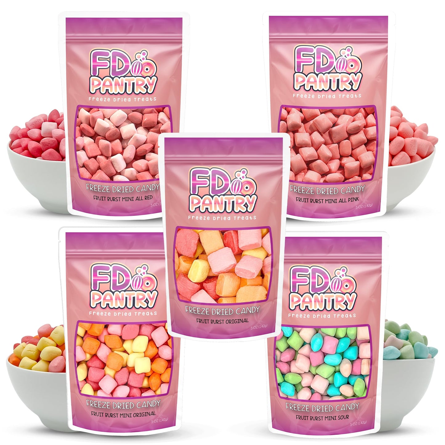 Freeze Dried Candy Variety Pack 5oz (5 Pack) - Freeze Dried Candy Bulk, Original, Mini Original, All Pinks, All Reds, Sour Assor