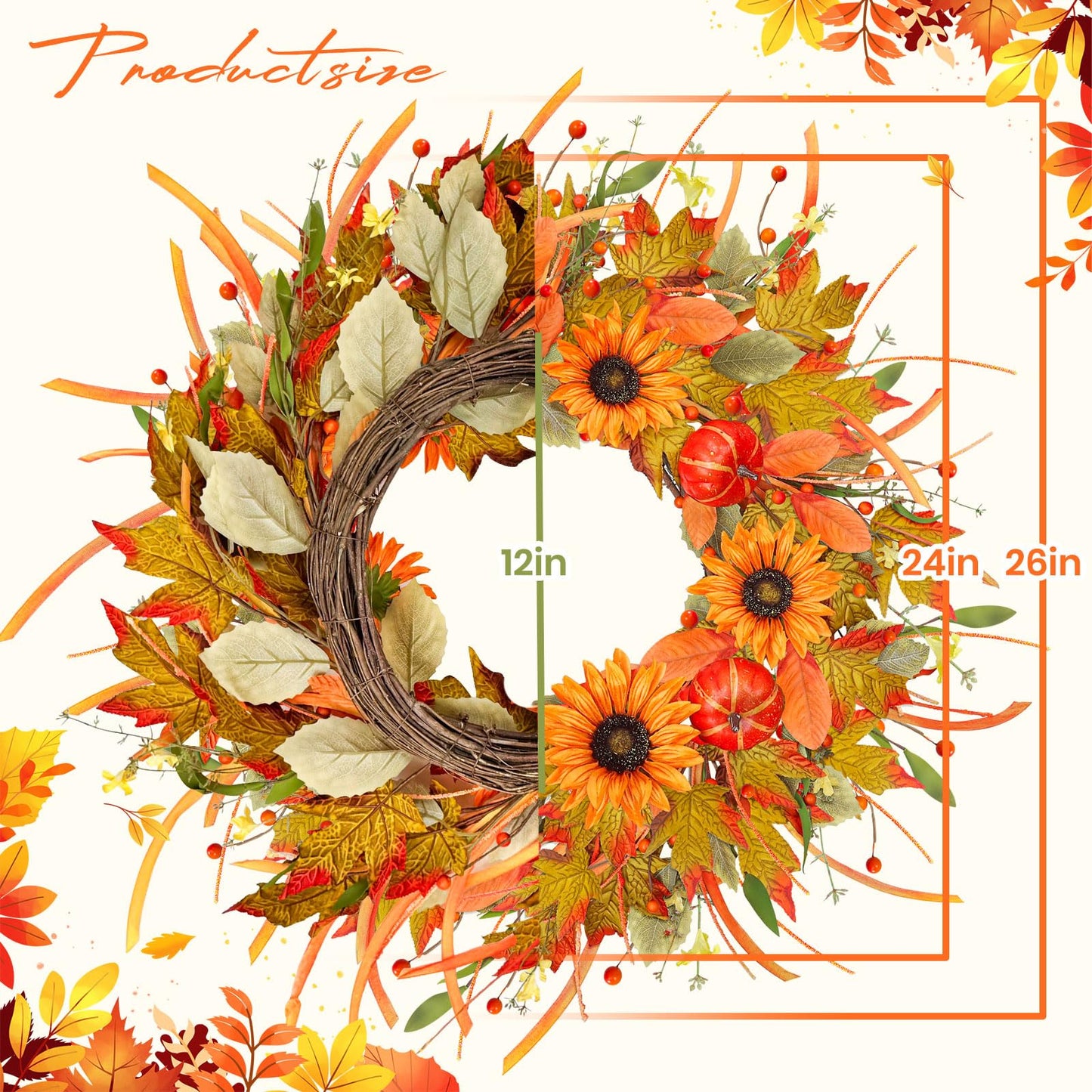 ICX 24 Inch Fall Wreath - Sunflower Pumpkin, Berry & Leaf, Plastic, Orange, Model 05, Autumn Decor for Front Door