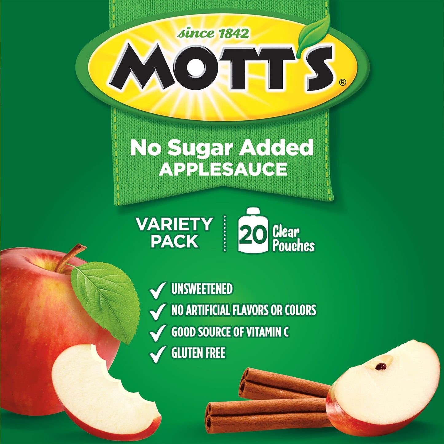Mott'S No Sugar Added Applesauce Variety Pack, 3.2 Oz Clear Pouches, 20 Pack