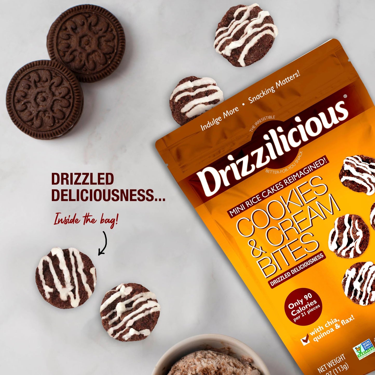 Drizzilicious Mini Rice Cakes - Cookies & Cream, Vegan, Gluten Free, 4 oz (Pack of 1)