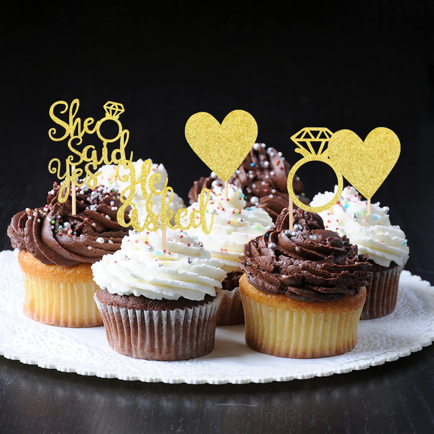 24 Pcs He Asked She Said Yes Cupcake Toppers With Glitter Heart Ring Bachelorette Cupcake Picks Wedding Engagement Bridal Shower