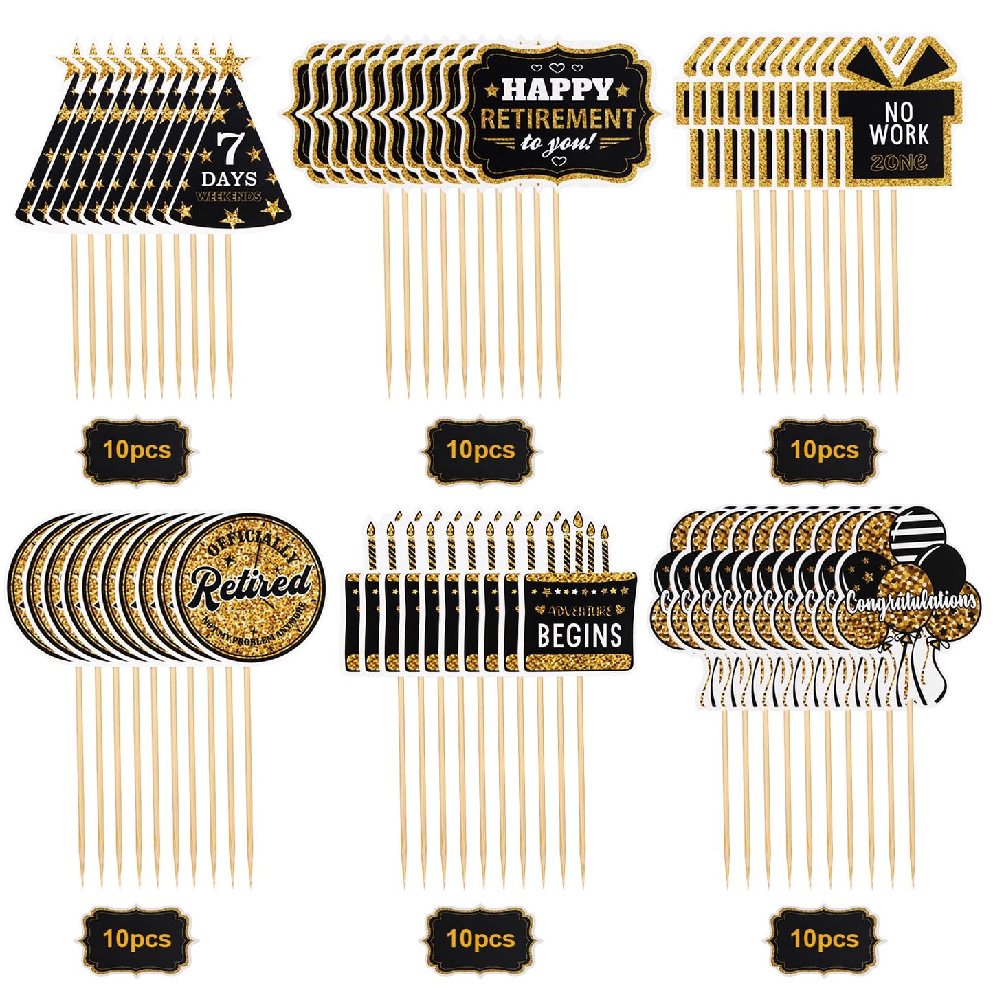 60 Pcs Happy Retirement Cupcake Toppers, Gold Retired Cake Toppers Picks Retirement Cupcake Toppers Retirement Decoration Happy