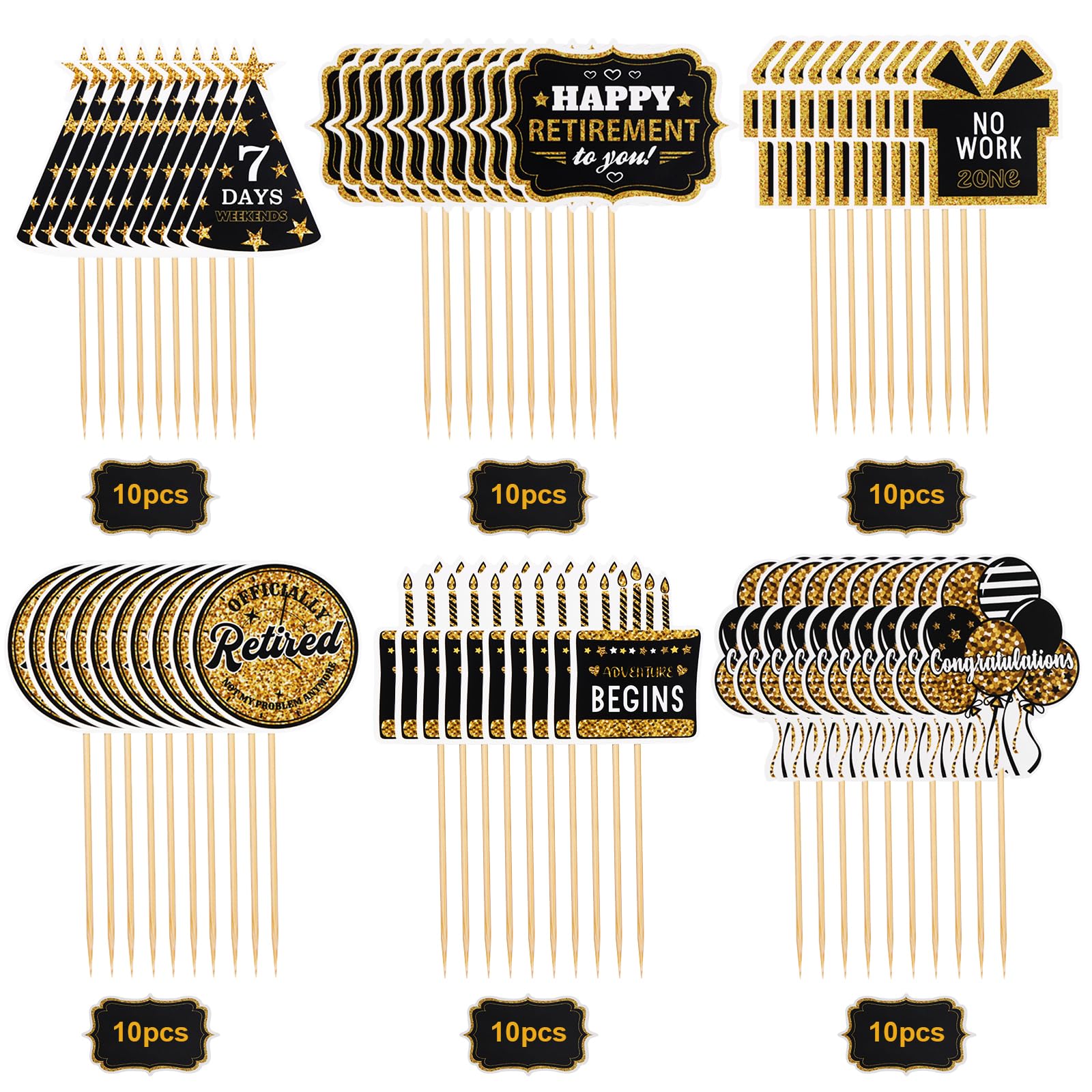 60 Pcs Happy Retirement Cupcake Toppers, Gold Retired Cake Toppers Picks Retirement Cupcake Toppers Retirement Decoration Happy