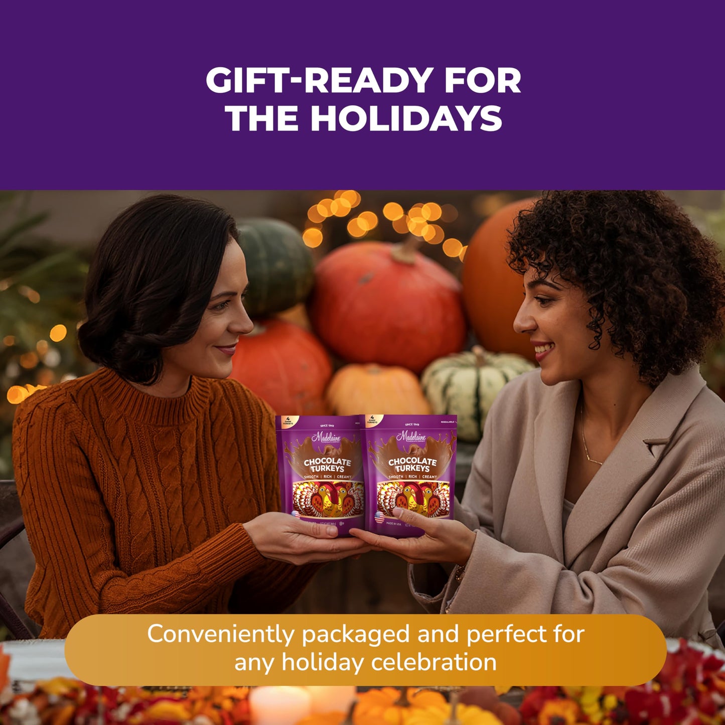 Madelaine Dark Chocolate Turkey Candy - 1 oz Foil-Wrapped Thanksgiving Chocolates - Rich Fall Holiday  & D?cor - 4 Pack Individually Wrapped Turkeys