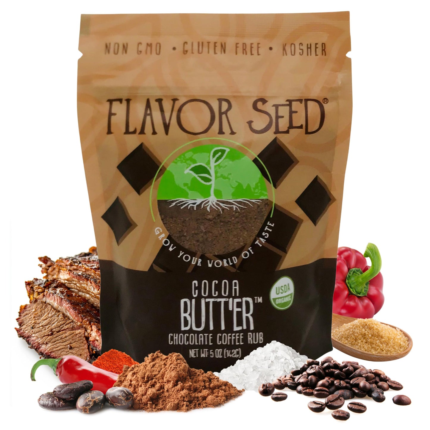 Flavor Seed Cocoa Butt'Er Organic Chocolate Coffee Brisket Rub & Butt Rub Seasoning. Gourmet Spice Mix for Cooking, Grilling & B