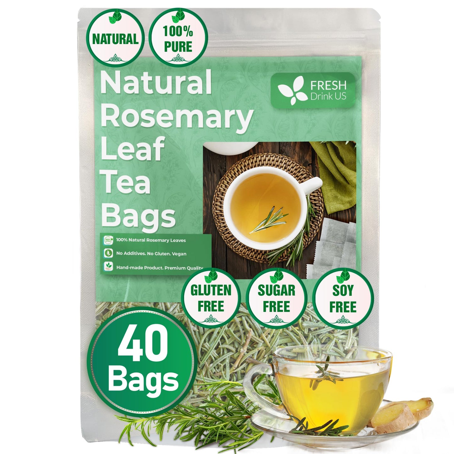 FRESHDRINKUS Rosemary Leaf Tea Bags, 100% Natural Herbal Tea, Caffeine-Free, Vegan, 40 Count